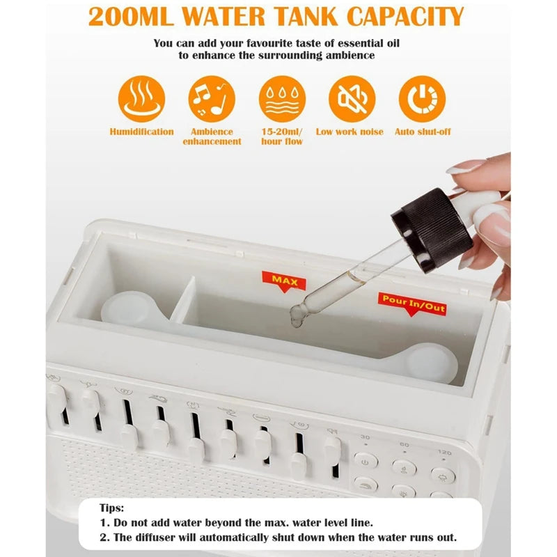 White Noise Machine Diffuser Air Aroma Diffuser Humidifier With 8 White Noise Adjustable, Night Light, Bluetooth Speaker